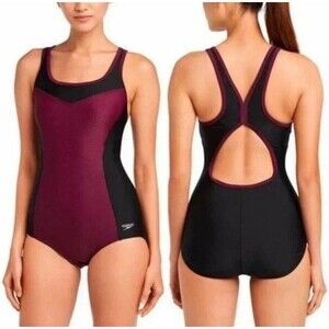 Speedo Swim Womens Sz M One Piece Racerback Swimsuit Black Burgundy 7722296